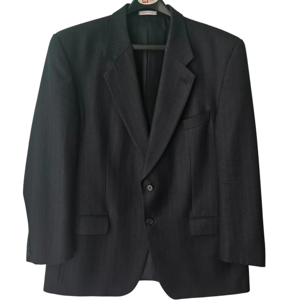 Yves Saint Laurent Mens Navy Pinstripe Worsted Wool Blazer Jacket Made in Canada